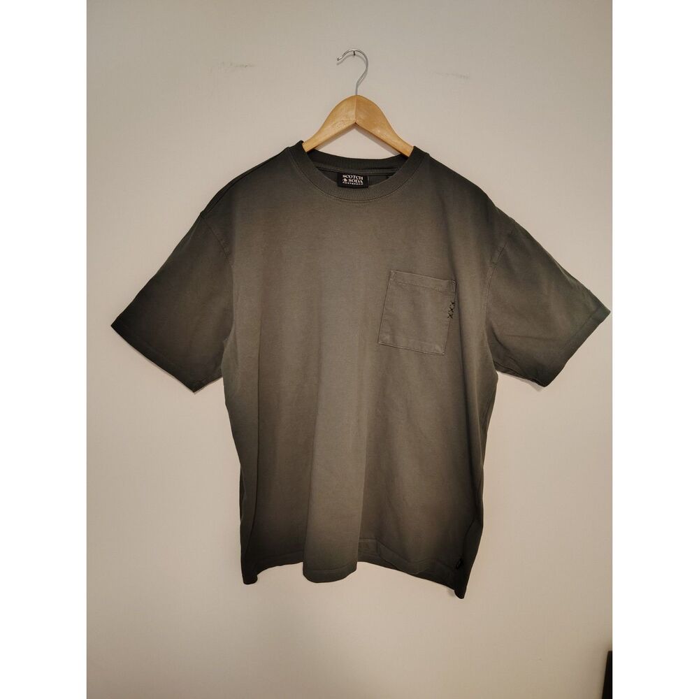 Scotch & Soda Mens Olive Green Pocket Heavyweight T Shirt Embroidered